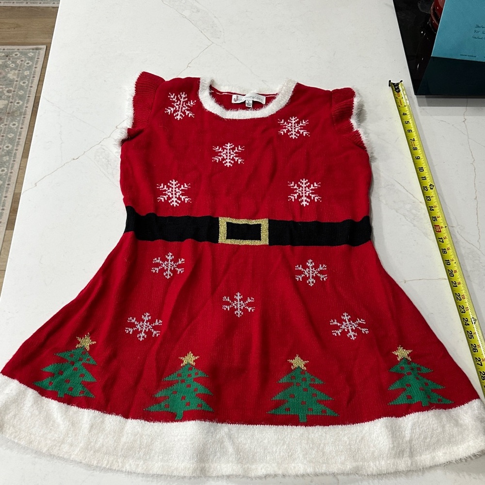 Festive Red Christmas Dress with Snowflakes and Trees